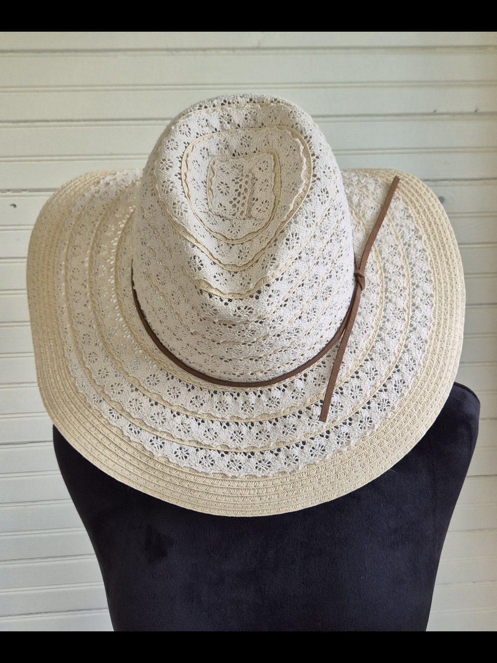 Wide Brim Crochet Sun Hat with Leather Band - Cream